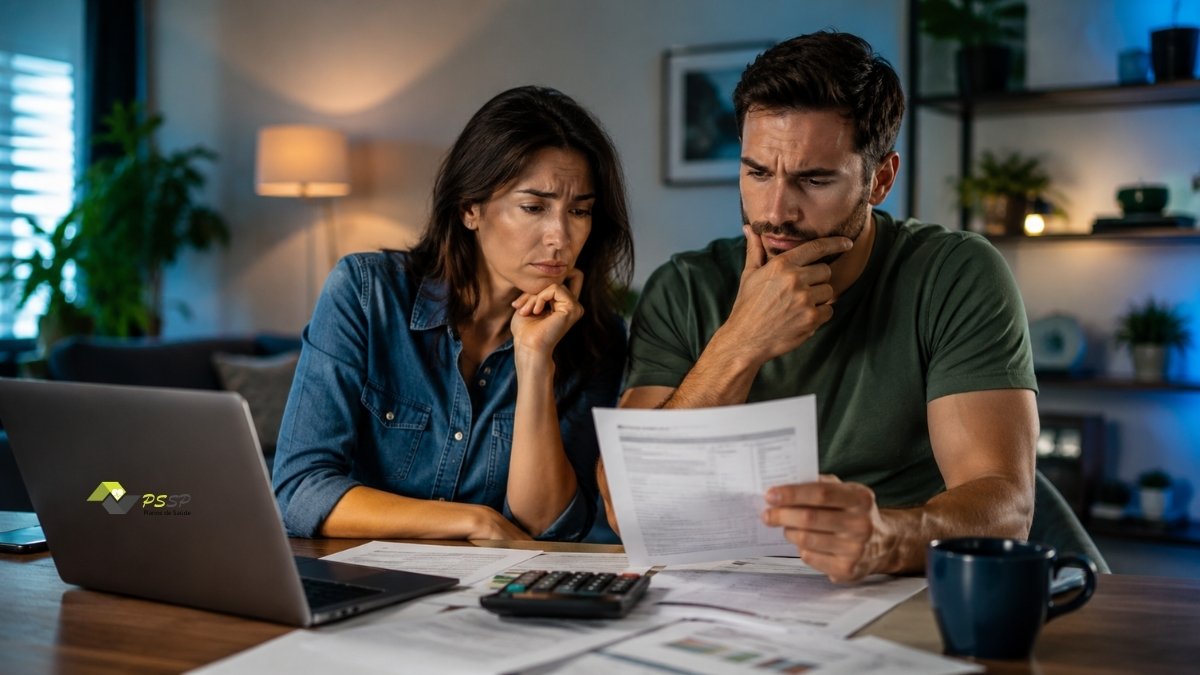 Casal analisando aumento do plano de saúde e comparando alternativas