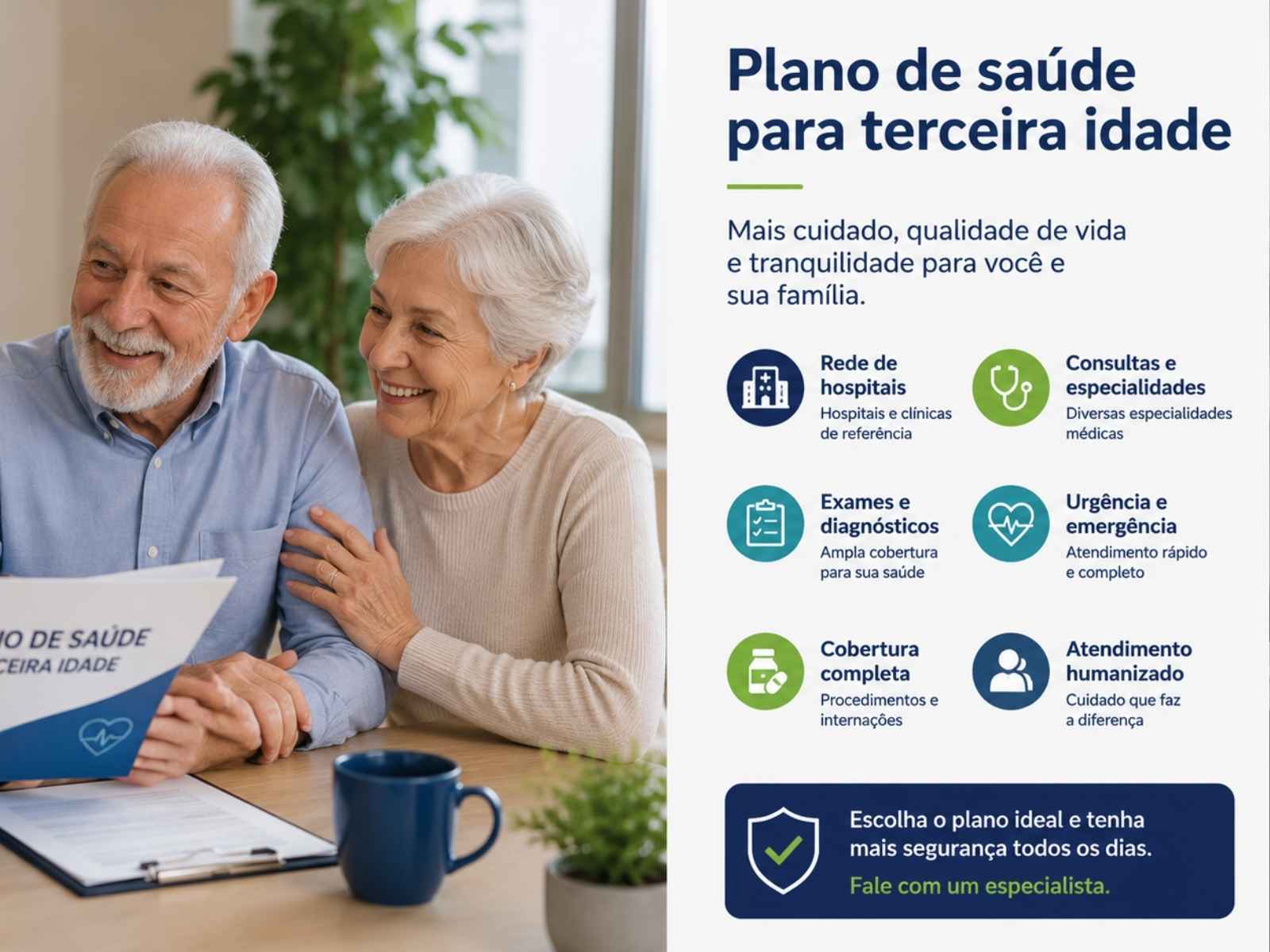Casal da terceira idade recebendo orientação sobre plano de saúde
